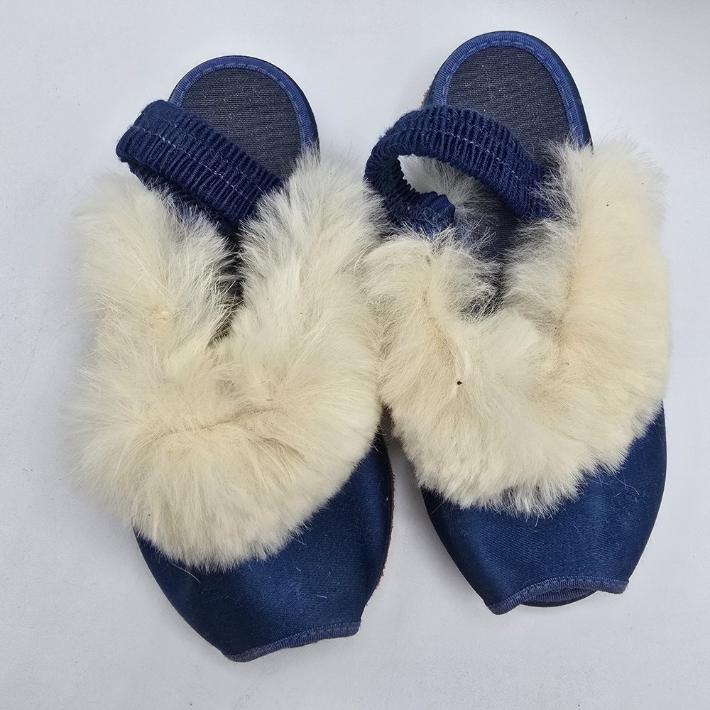 Vtg Antique Children Girls Shoes Blue Satin Fur Classy Formal Sandals - Picture 2 of 8